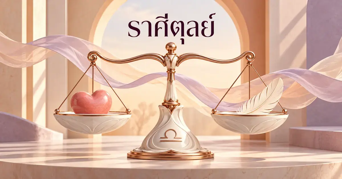 ภาพตราชั่งราศีตุลย์ที่มีหัวใจสีชมพูและขนนกสีขาวอยู่ในสมดุล สื่อถึงความรักและความยุติธรรม บนพื้นหลังสีพีชและม่วงอ่อนพร้อมข้อความ “ราศีตุลย์”